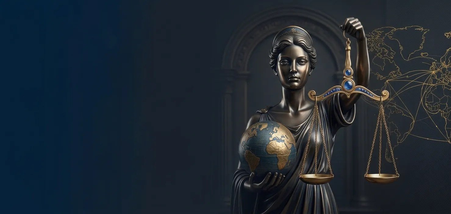A bronze figure of Justice holding a set of scales in one hand and a gilded globe in the other, against a deep navy ground.